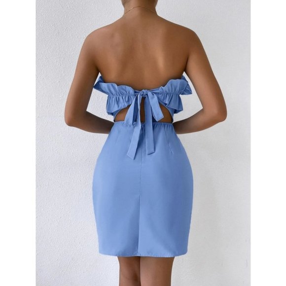 Blue Statement Ruffle Detail of the shoulder Bodycon Mini Dress - Picture 2 of 8